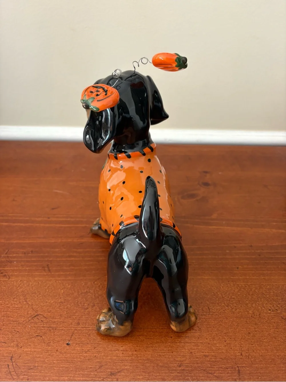 Blue Sky Halloween Dachshund Dog Figurine - Orange Pumpkin Design